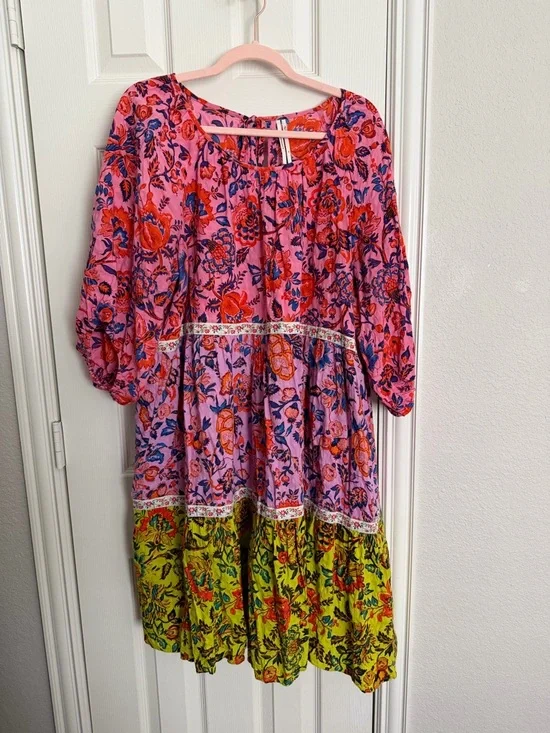 Anthropologie Floral Tiered Mini Dress XL Pink Boho Peasant 3/4 Sleeve - Picture 1 of 5